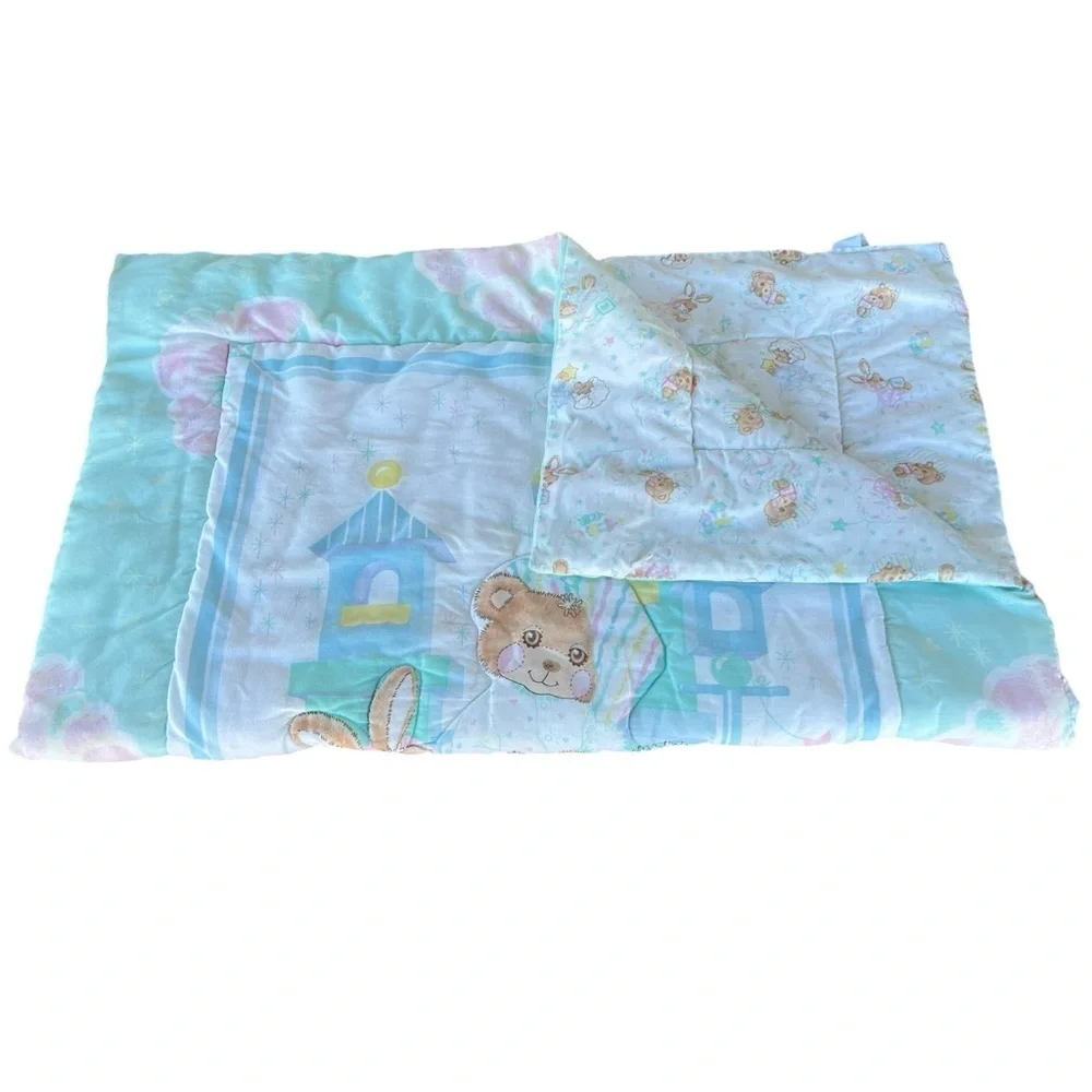 VTG Pastel Beddy Teddy Bear Riegel Quilted Crib Comforter BABY Blocks 31x42 GUC